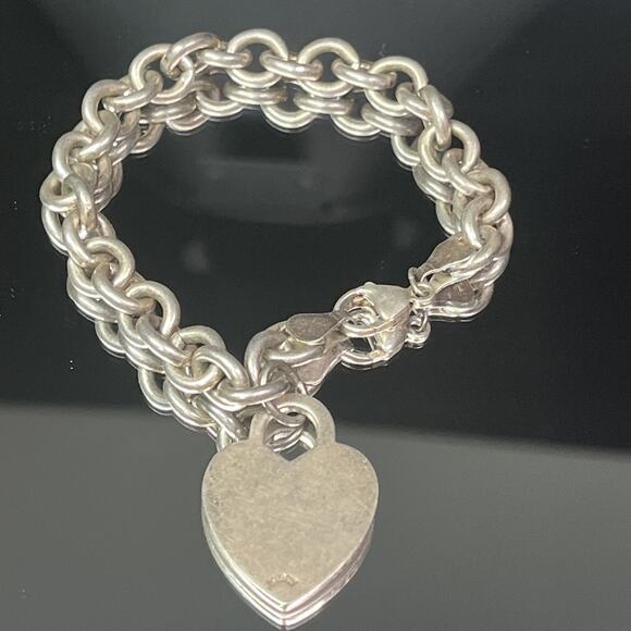 Vintage Sterling Silver 925 Round Rolo Link Heart Tag Charm Bracelet Marked